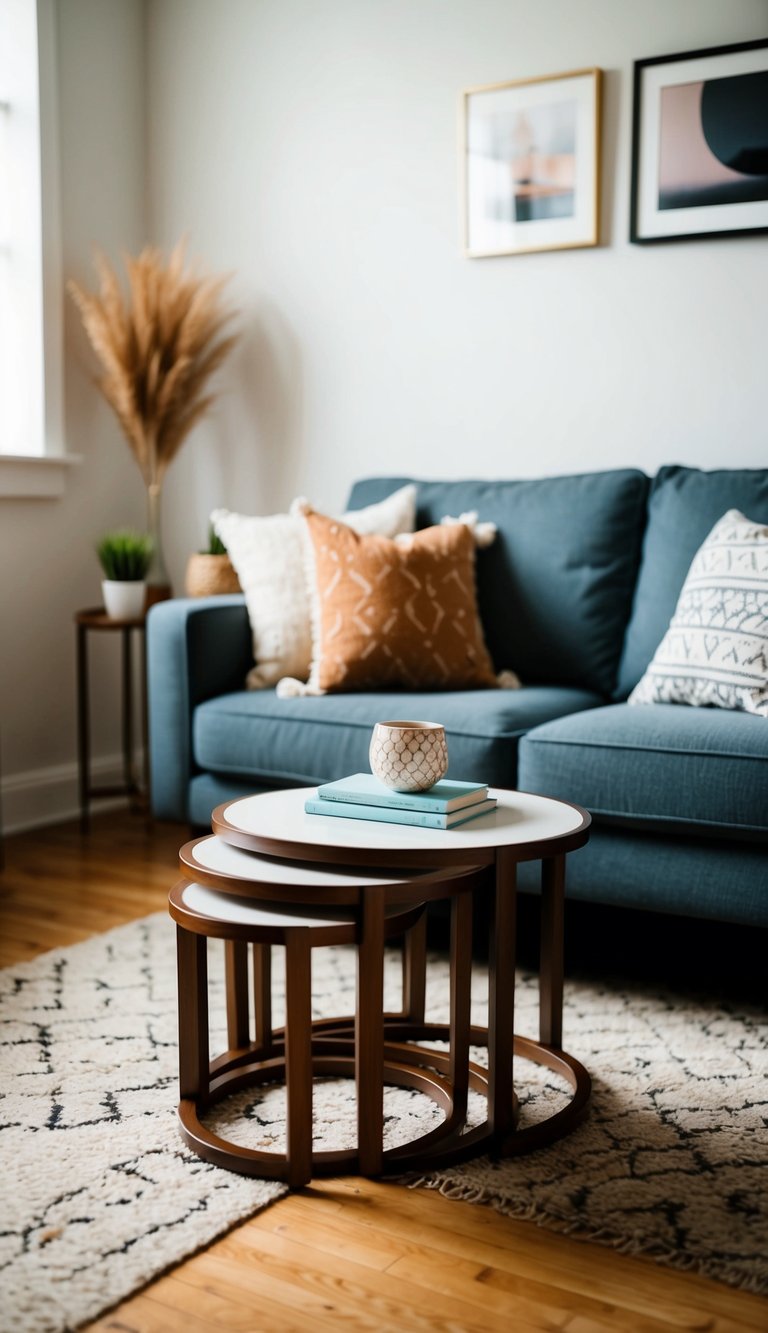 A cozy living room with nesting tables, maximizing floor space in a small apartment