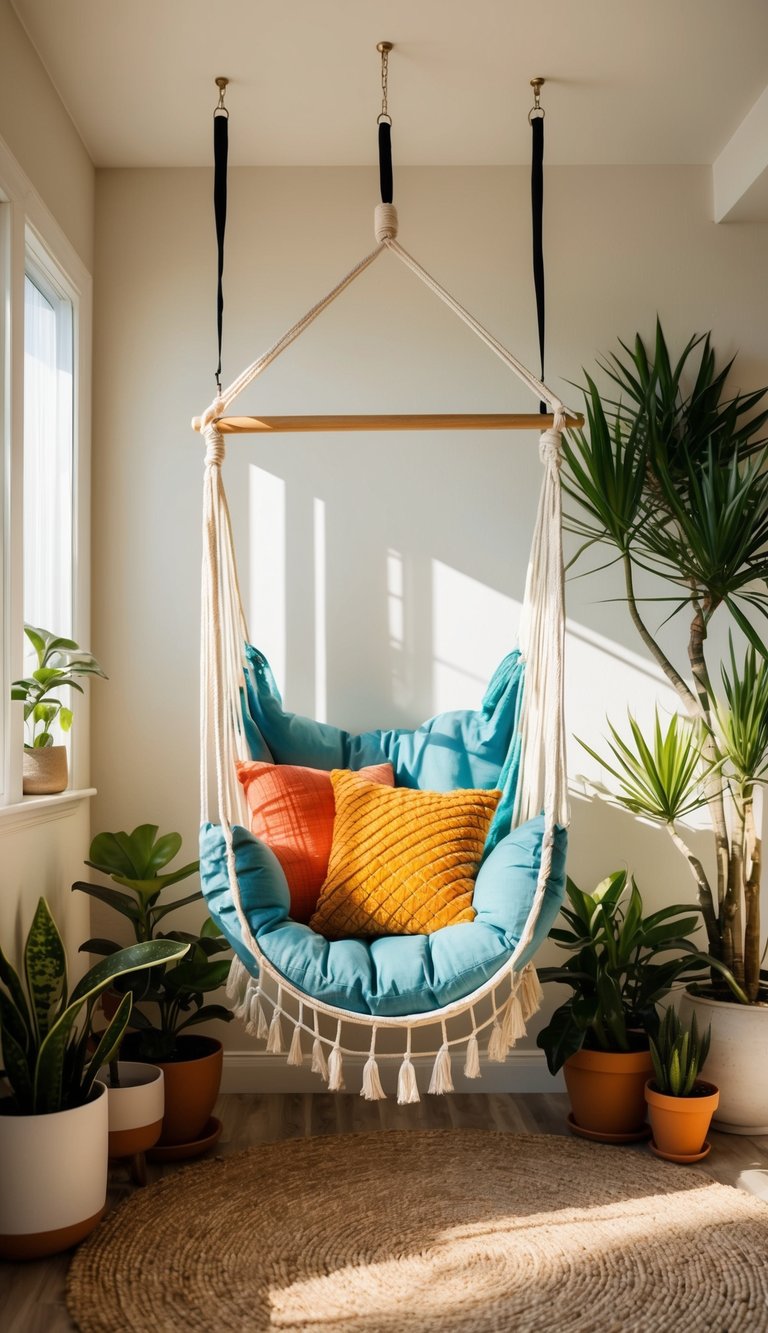 A cozy hammock chair hangs in a sunlit corner, surrounded by potted plants and colorful throw pillows