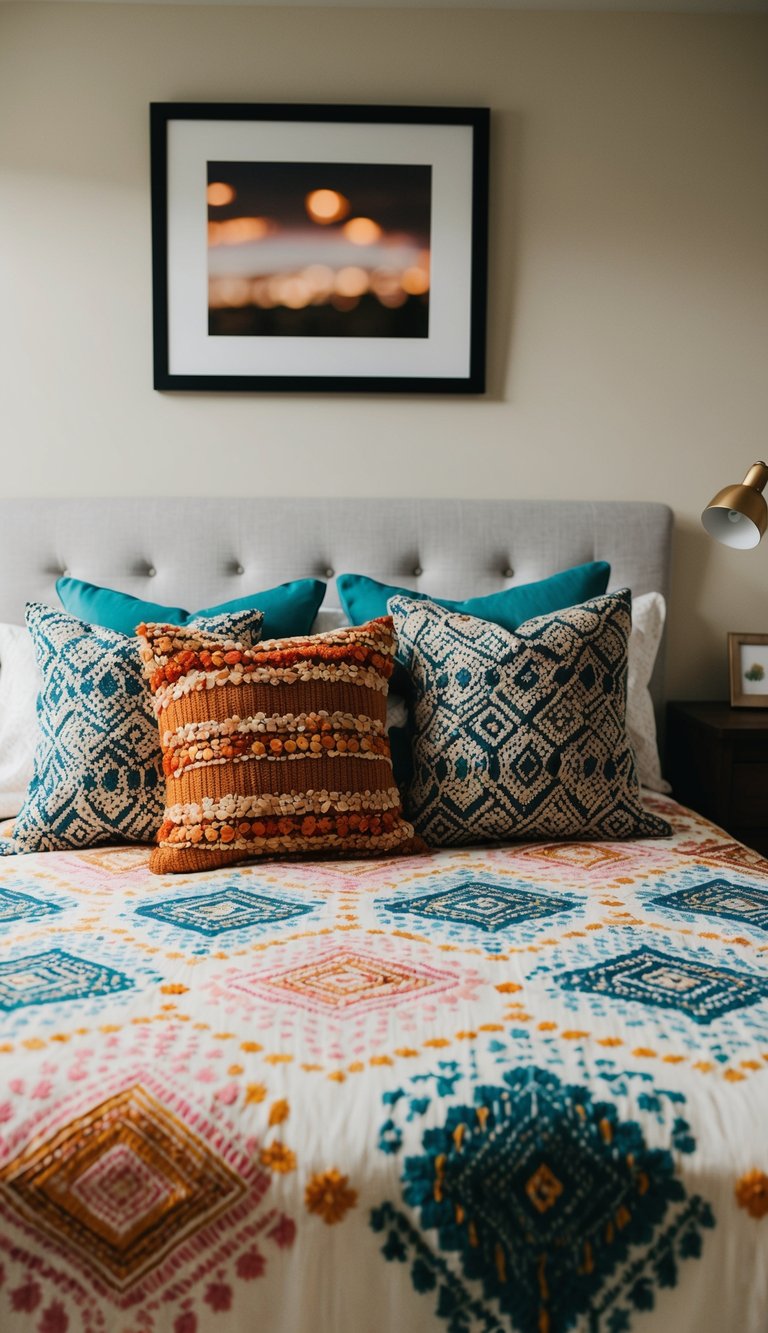 A cozy apartment bedroom with colorful patterned bedding and textured throw pillows