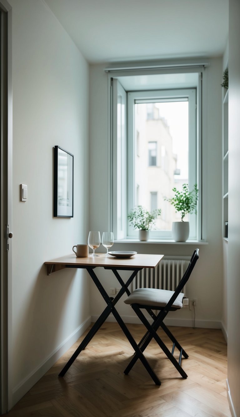 A small apartment room with a wall-mounted foldable dining table, surrounded by minimalistic decor and natural light streaming in through the window