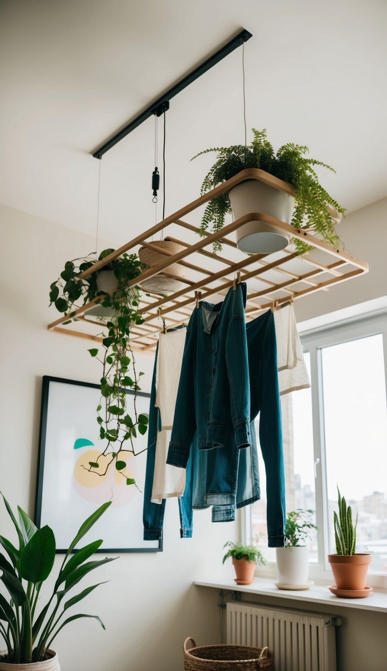 A ceiling-mounted drying rack in a cozy apartment room with plants and laundry hanging to dry