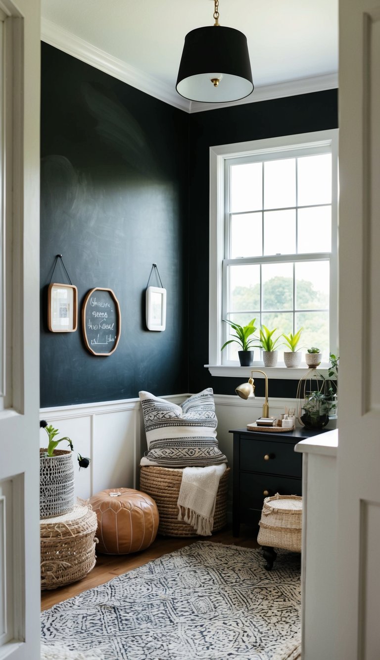 A room with a single wall painted in chalkboard paint, surrounded by various decor and furniture, with natural light streaming in from a window