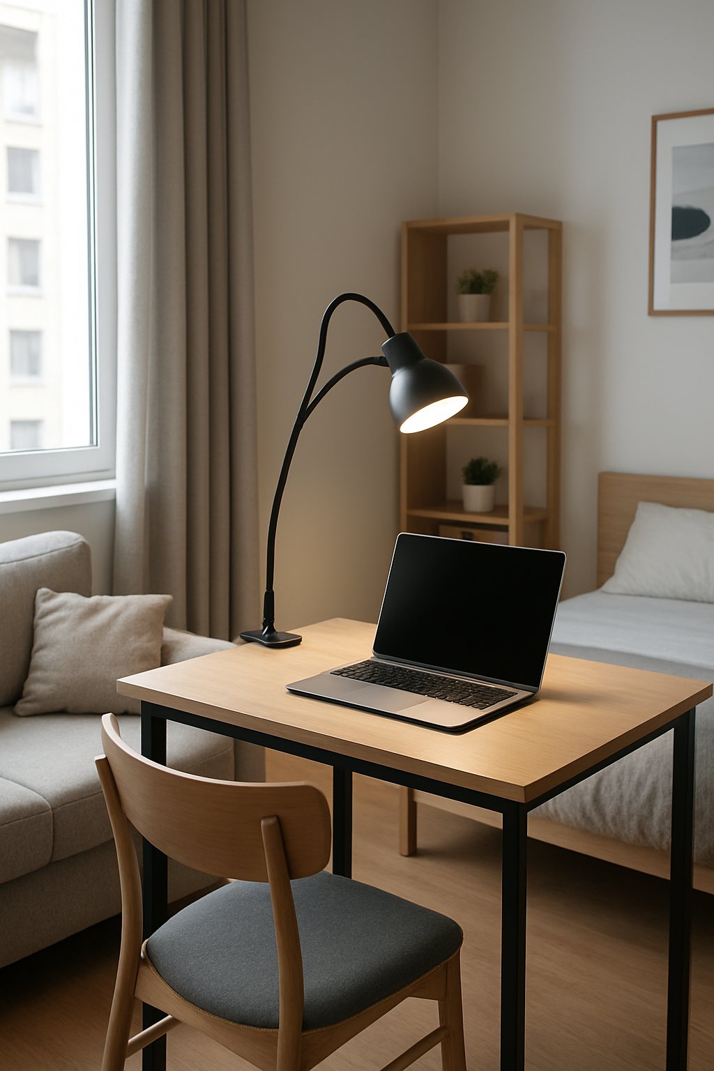 Clip light illuminate compact apartment room, saving table space