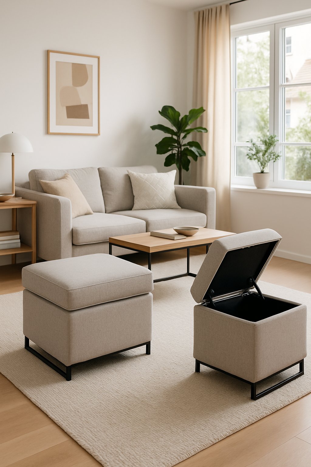 An apartment living room with ottomans doubling as storage and seating, showcasing multifunctional furniture