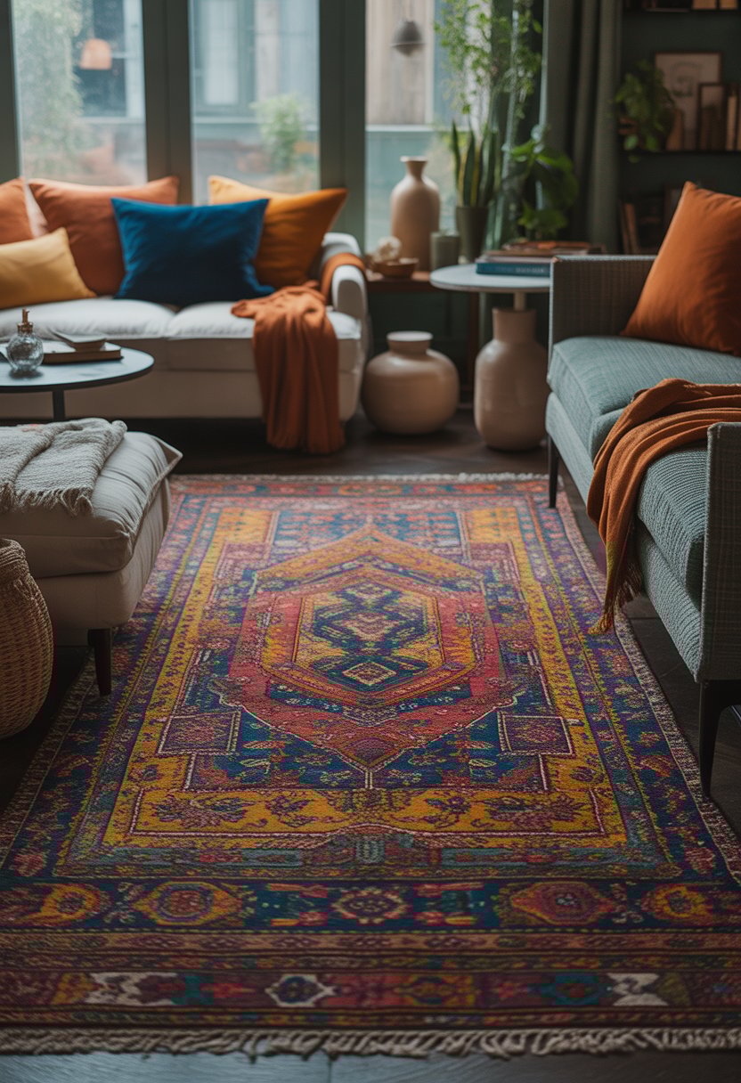 A vibrant, patterned rug anchors a cozy living room with pops of color and texture

