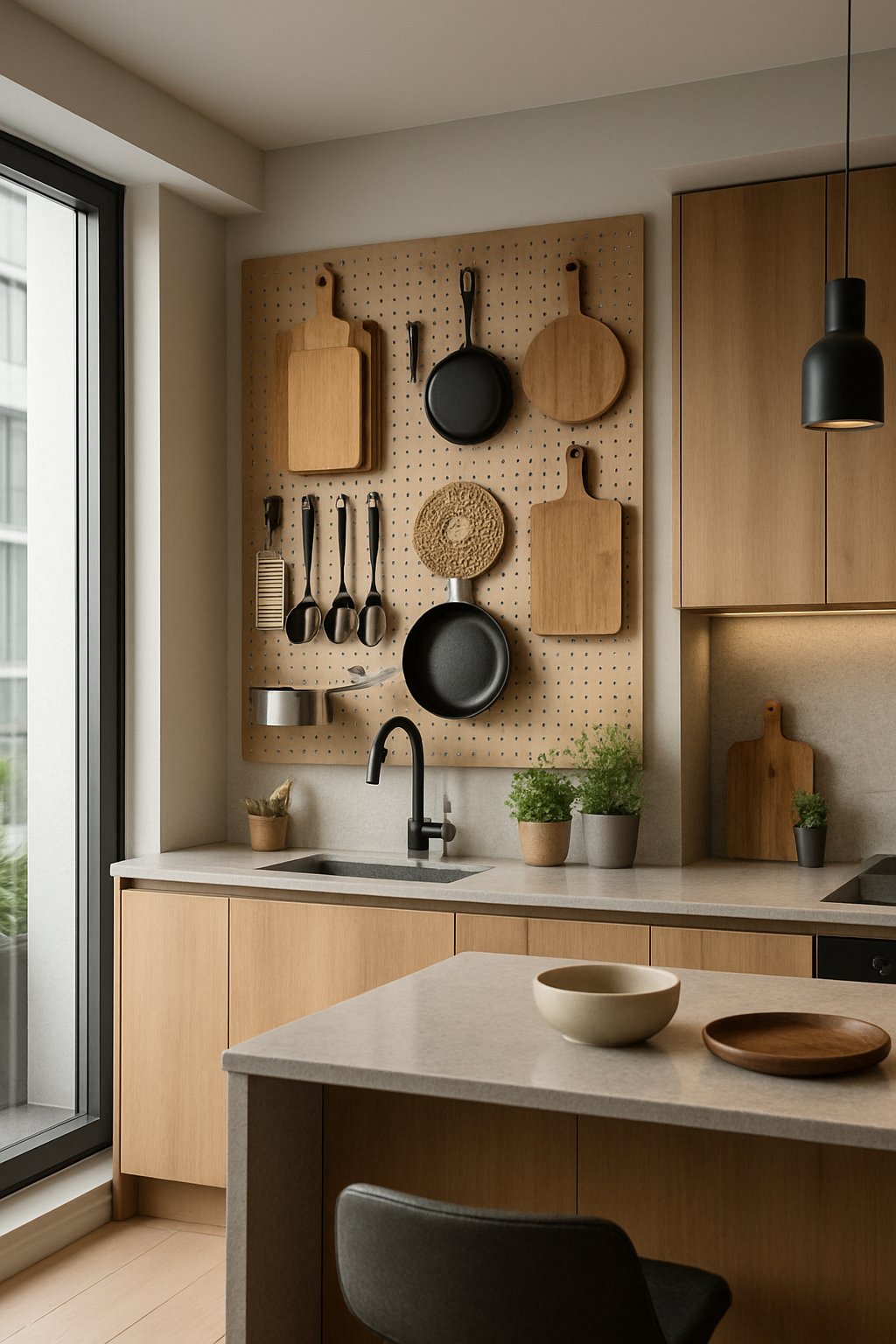 Apartment room featuring a pegboard wall for organizing kitchenware in a open kitchen

