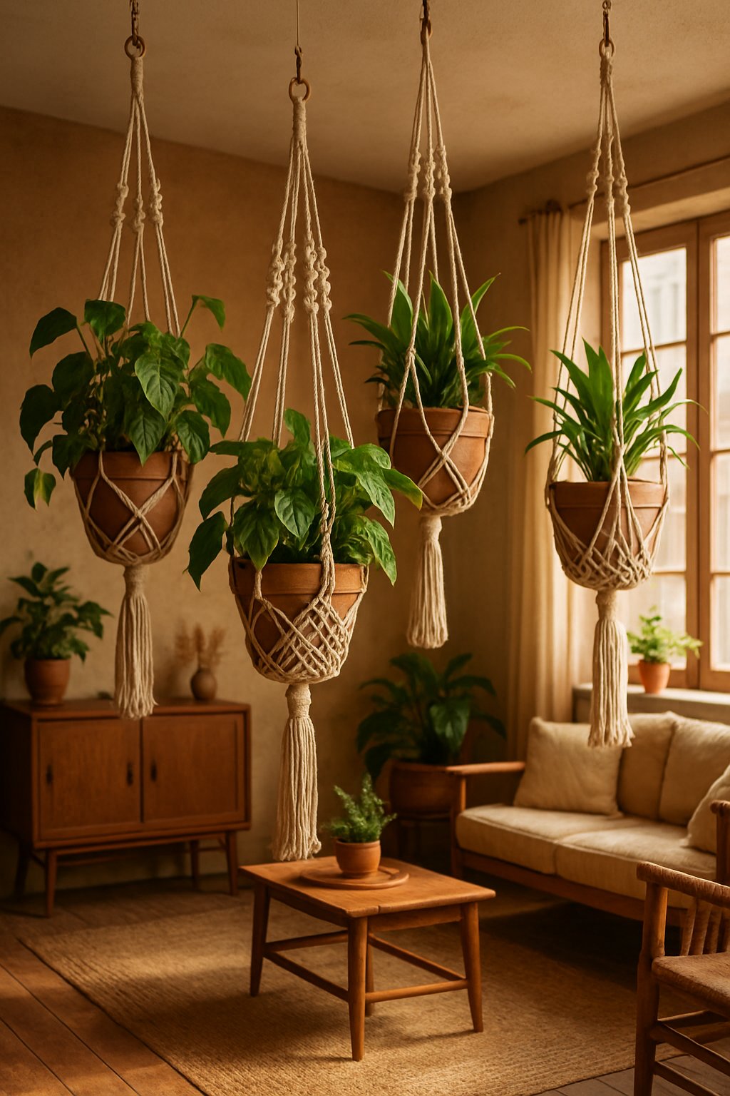 Macramé planters hang from ceiling hooks in a boho-inspired apartment room