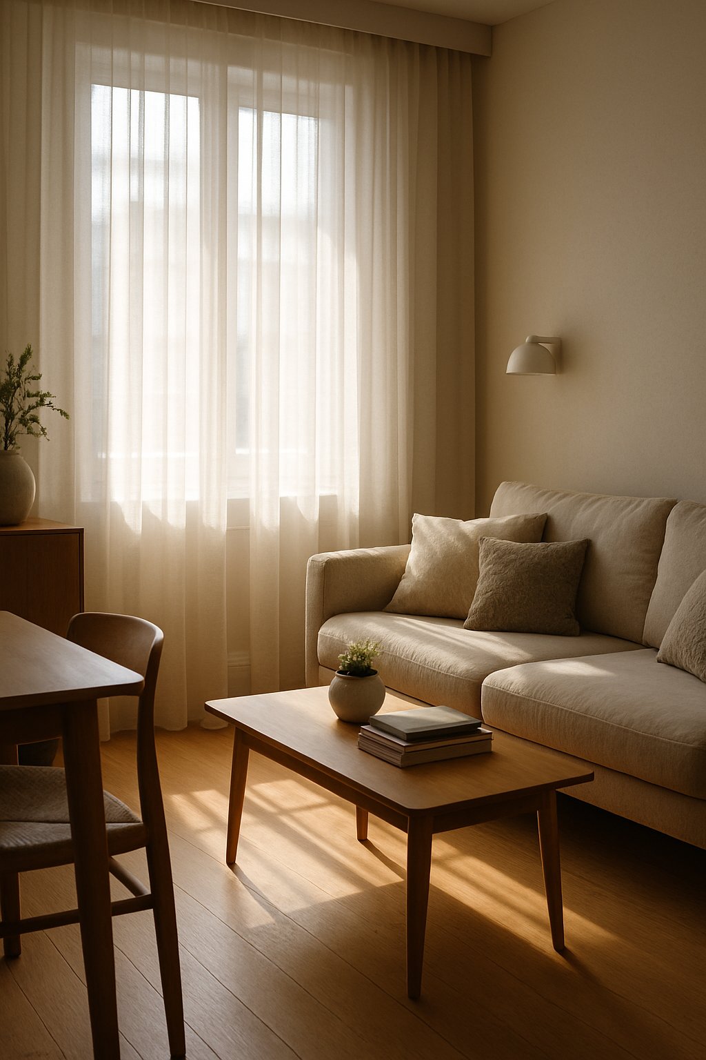 Sunlight filters through sheer curtains into a cozy apartment, casting a soft, diffused glow across the room