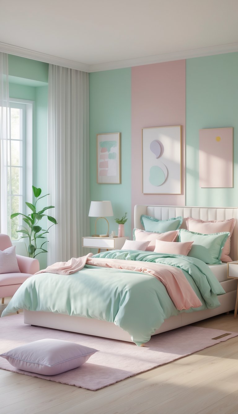 24 Beautiful Bedroom Ideas to Inspire Your Space 2 A serene bedroom with pastel-colored walls, a cozy bed with soft bedding, a bedside table with a lamp, large windows letting in natural light, a comfortable armchair, and indoor plants.