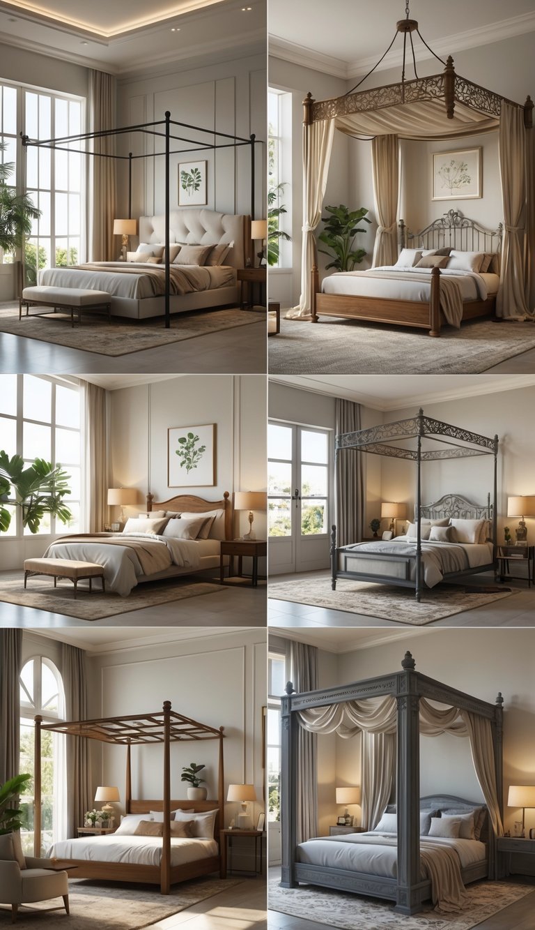 24 Beautiful Bedroom Ideas to Inspire Your Space 3 A spacious bedroom displaying a variety of 24 different canopy bed frames with bedding and decor, arranged in an elegant and inviting setting.