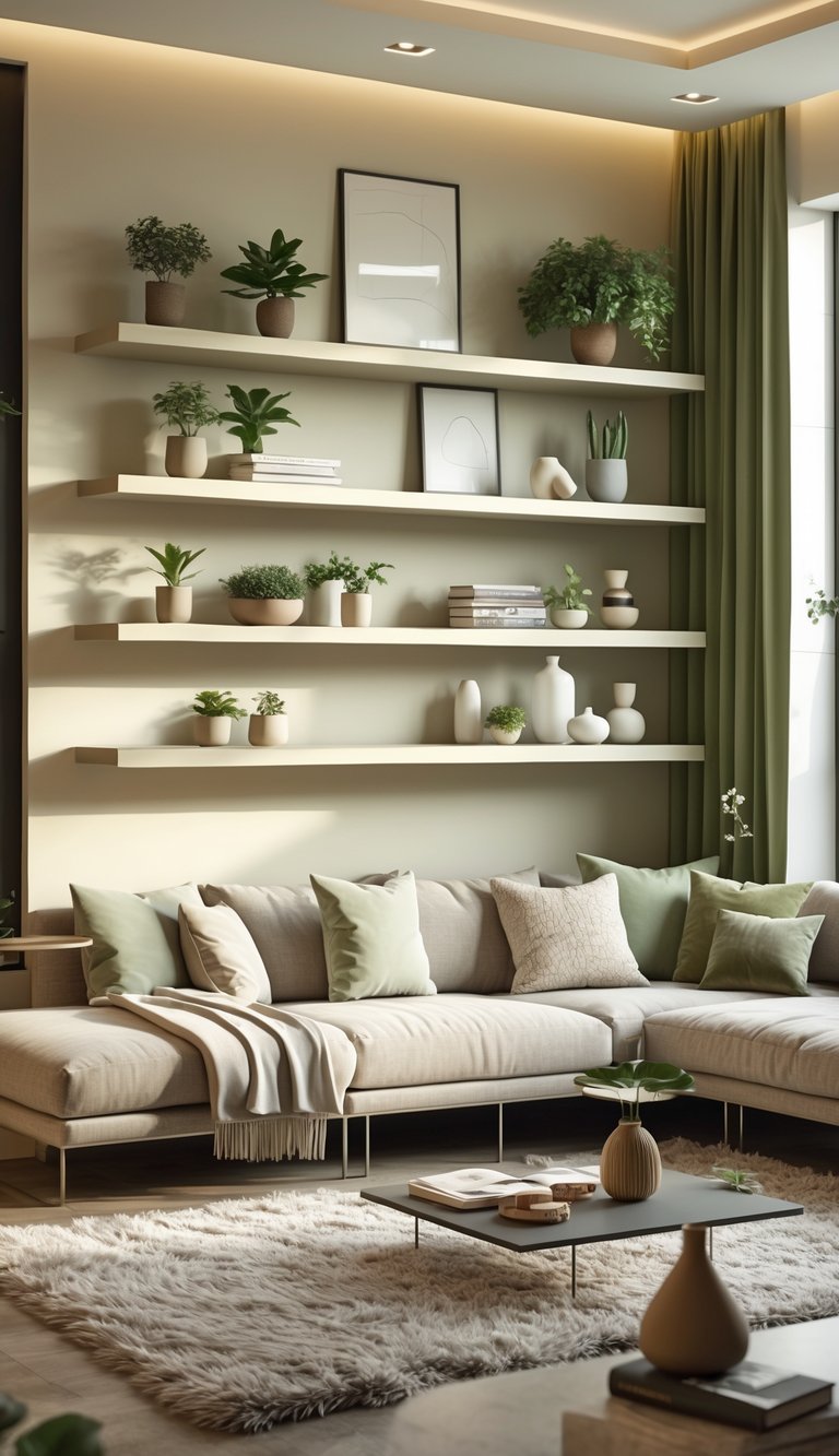 25 Stunning Living Room Ideas for Cozy Vibes 3 A living room with floating shelves decorated with plants, vases, art, and books above a sofa, with a coffee table and large windows letting in natural light.
