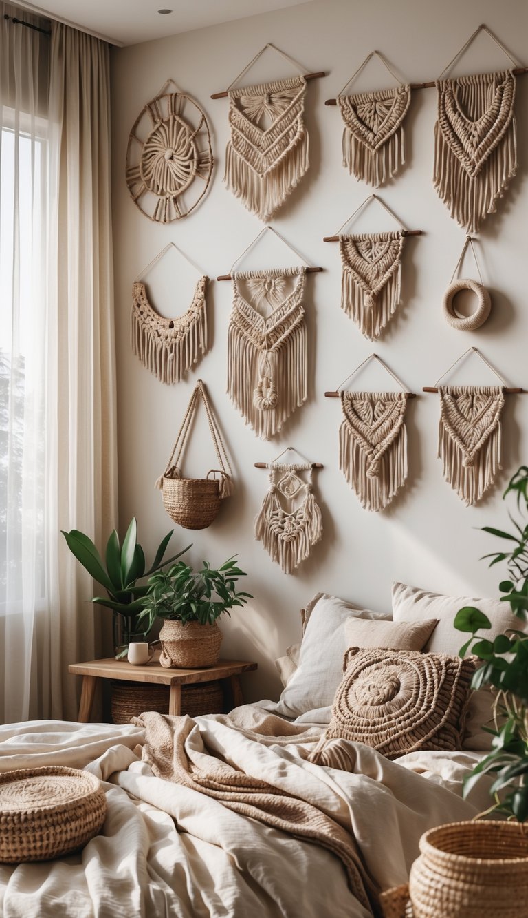 24 Beautiful Bedroom Ideas to Inspire Your Space 4 A cozy bedroom with 24 different macrame wall hangings displayed on the walls, featuring wooden furniture, plants, and layered bedding.