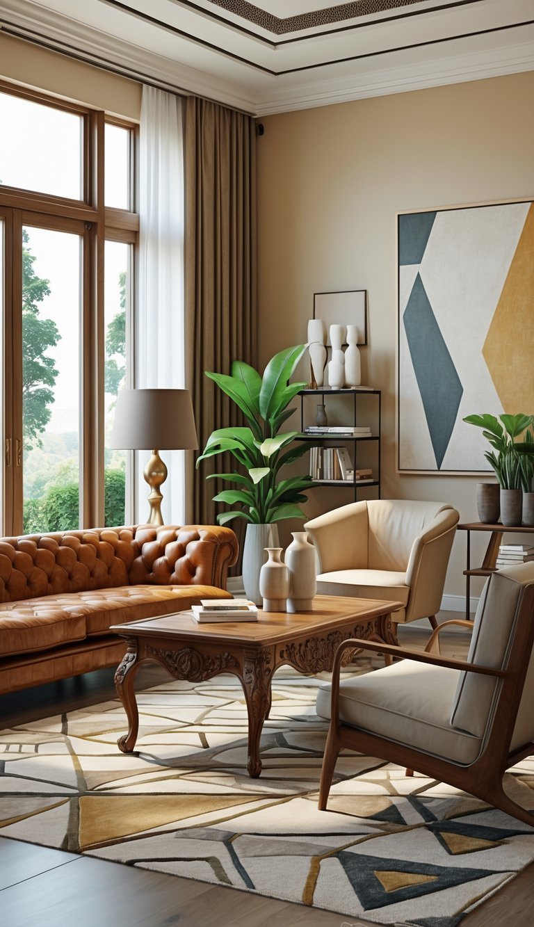 25 Stunning Living Room Ideas for Cozy Vibes 4 A spacious living room with a mix of vintage and modern furniture, including a leather sofa, wooden coffee table, armchair, floor lamp, and decorative plants.