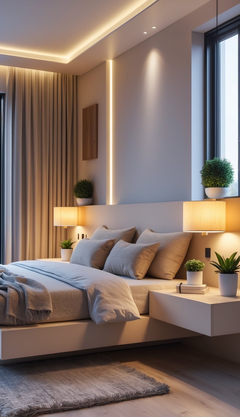 24 Beautiful Bedroom Ideas to Inspire Your Space 5 A bedroom with a large bed and two floating nightstands on either side, each holding a lamp and small decorative items.