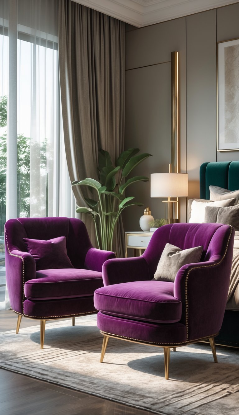 24 Beautiful Bedroom Ideas to Inspire Your Space 6 A bedroom with two velvet accent chairs near a window, a king-sized bed, bedside tables with lamps, and decorative plants.