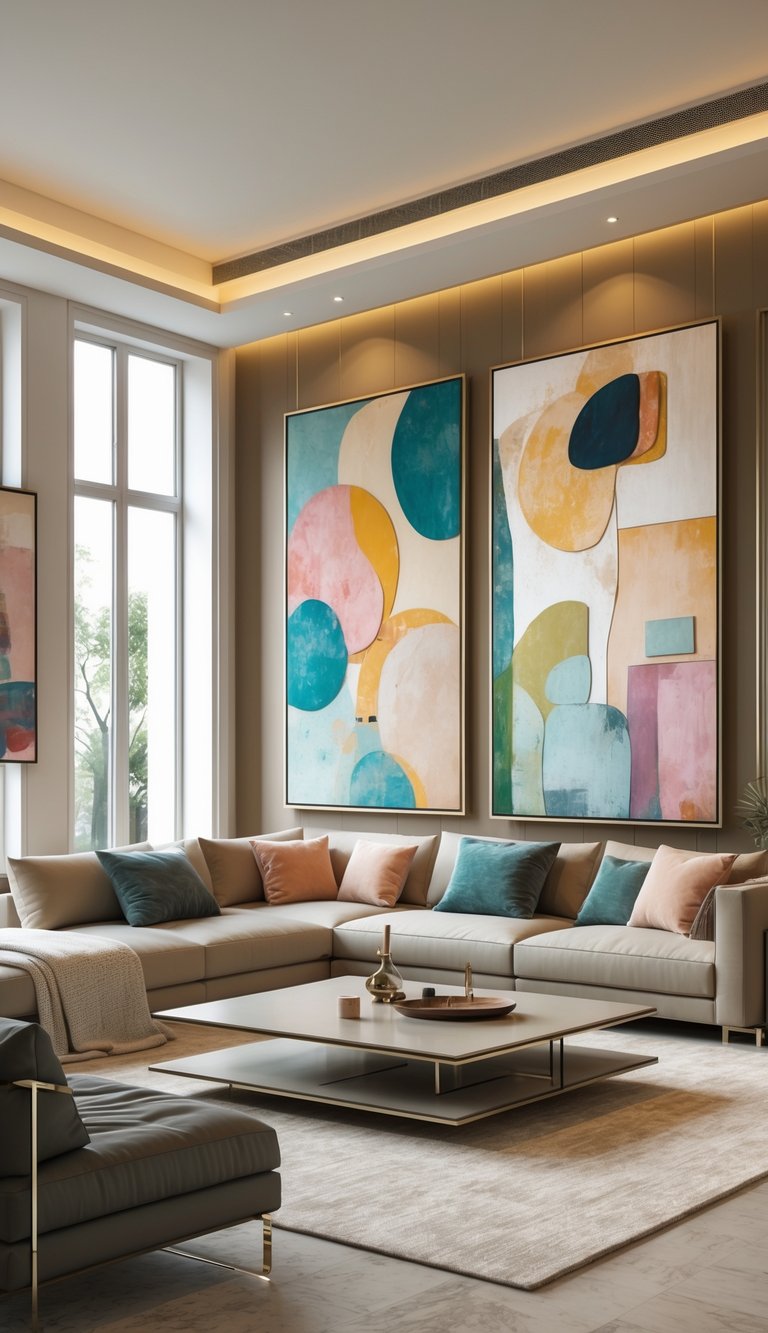 25 Stunning Living Room Ideas for Cozy Vibes 5 A spacious living room with large colorful paintings hanging above a sofa, featuring modern furniture and natural light coming through big windows.