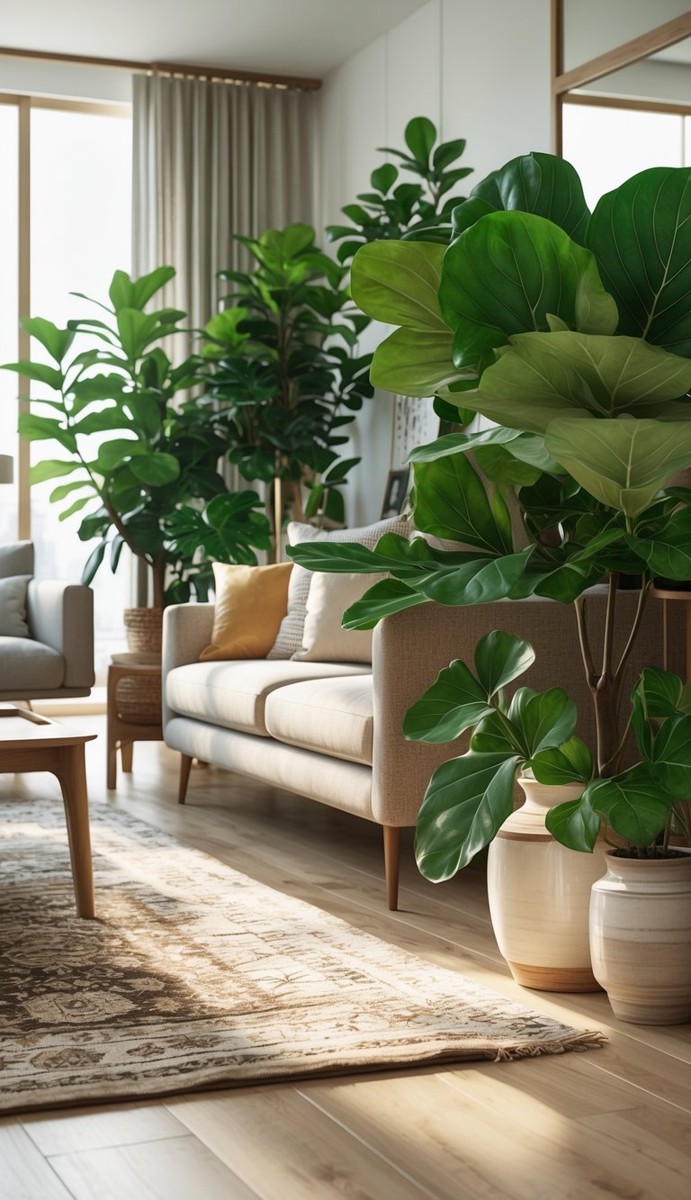 25 Stunning Living Room Ideas for Cozy Vibes 6 A modern living room with large fiddle leaf fig plants, a sofa, coffee table, and natural light coming through windows.
