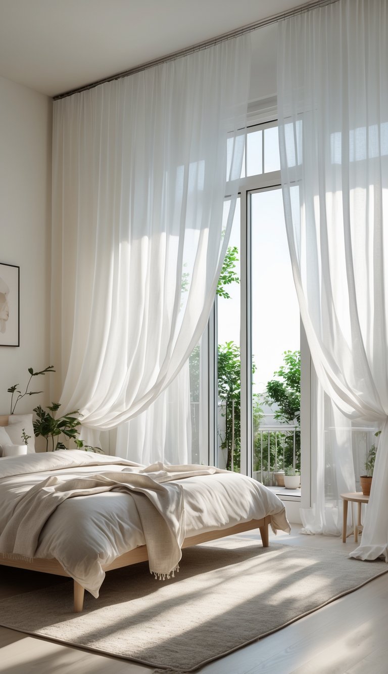 24 Beautiful Bedroom Ideas to Inspire Your Space 8 A bright bedroom with sheer white curtains covering a large window, a neatly made bed, light wood furniture, and plants.