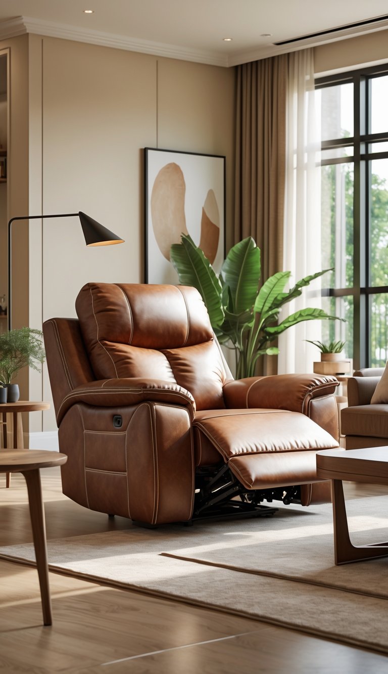 25 Stunning Living Room Ideas for Cozy Vibes 8 A modern living room with a brown leather recliner near a coffee table, floor lamp, plants, and artwork on the walls.