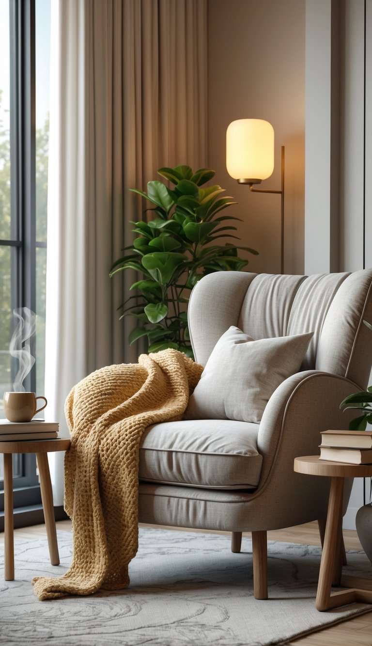 25 Stunning Living Room Ideas for Cozy Vibes 9 A cozy reading nook with a comfortable armchair next to a window, a small side table with books and a cup, a floor lamp, and a potted plant in a modern living room.