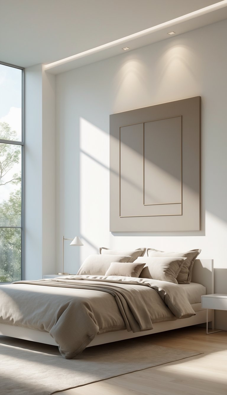 24 Beautiful Bedroom Ideas to Inspire Your Space 10 A bright bedroom with a large white wall displaying minimalist wall art, a neatly made bed, and natural light coming through a window.