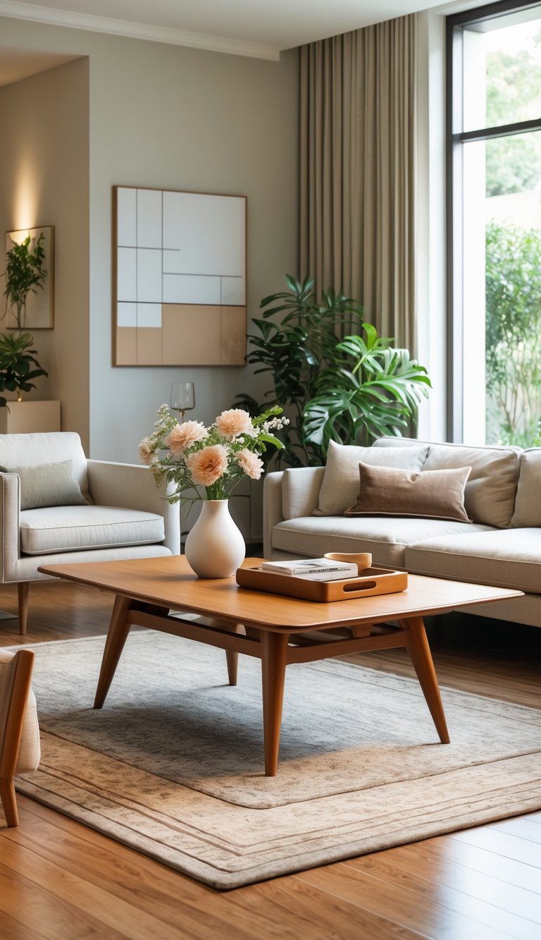 25 Stunning Living Room Ideas for Cozy Vibes 10 A well-lit living room with a wooden coffee table surrounded by a sofa and armchairs, decorated with a vase, books, plants, and artwork.