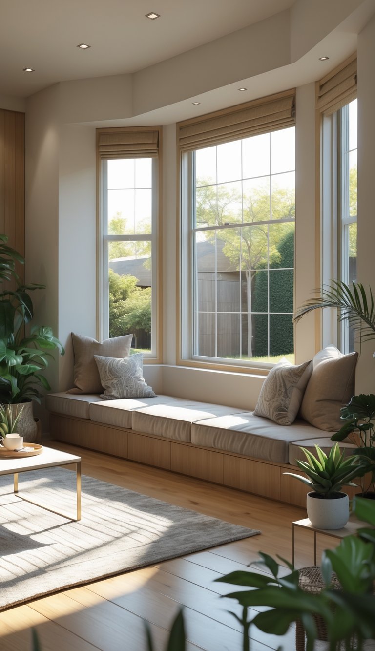 25 Stunning Living Room Ideas for Cozy Vibes 11 A bright living room with a built-in window seat featuring cushions under a large window, surrounded by modern furniture and indoor plants.