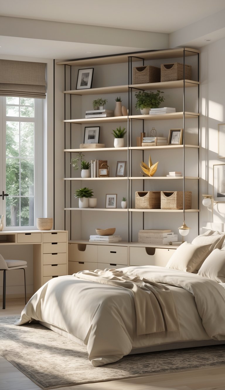 24 Beautiful Bedroom Ideas to Inspire Your Space 13 A spacious bedroom with open shelving units displaying books, plants, and decor items, featuring a large bed and natural light coming through windows.