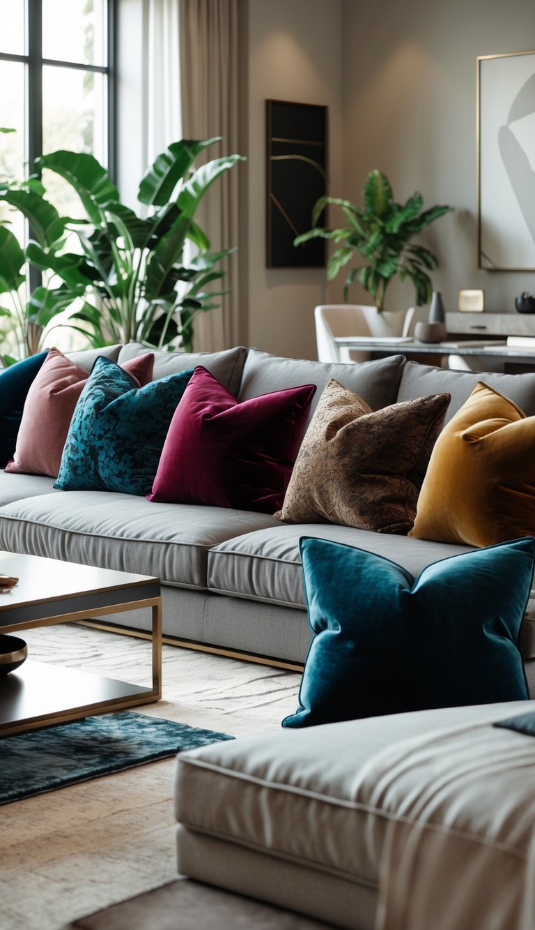 25 Stunning Living Room Ideas for Cozy Vibes 12 A living room with a sofa adorned with multiple velvet throw pillows, a coffee table, plants, and large windows letting in natural light.