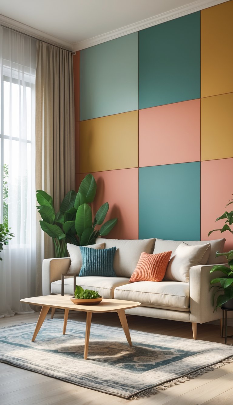 25 Stunning Living Room Ideas for Cozy Vibes 13 A living room with a color-block accent wall in teal, mustard yellow, and coral pink, featuring a beige sofa, wooden coffee table, area rug, large windows with sheer curtains, and potted plants.
