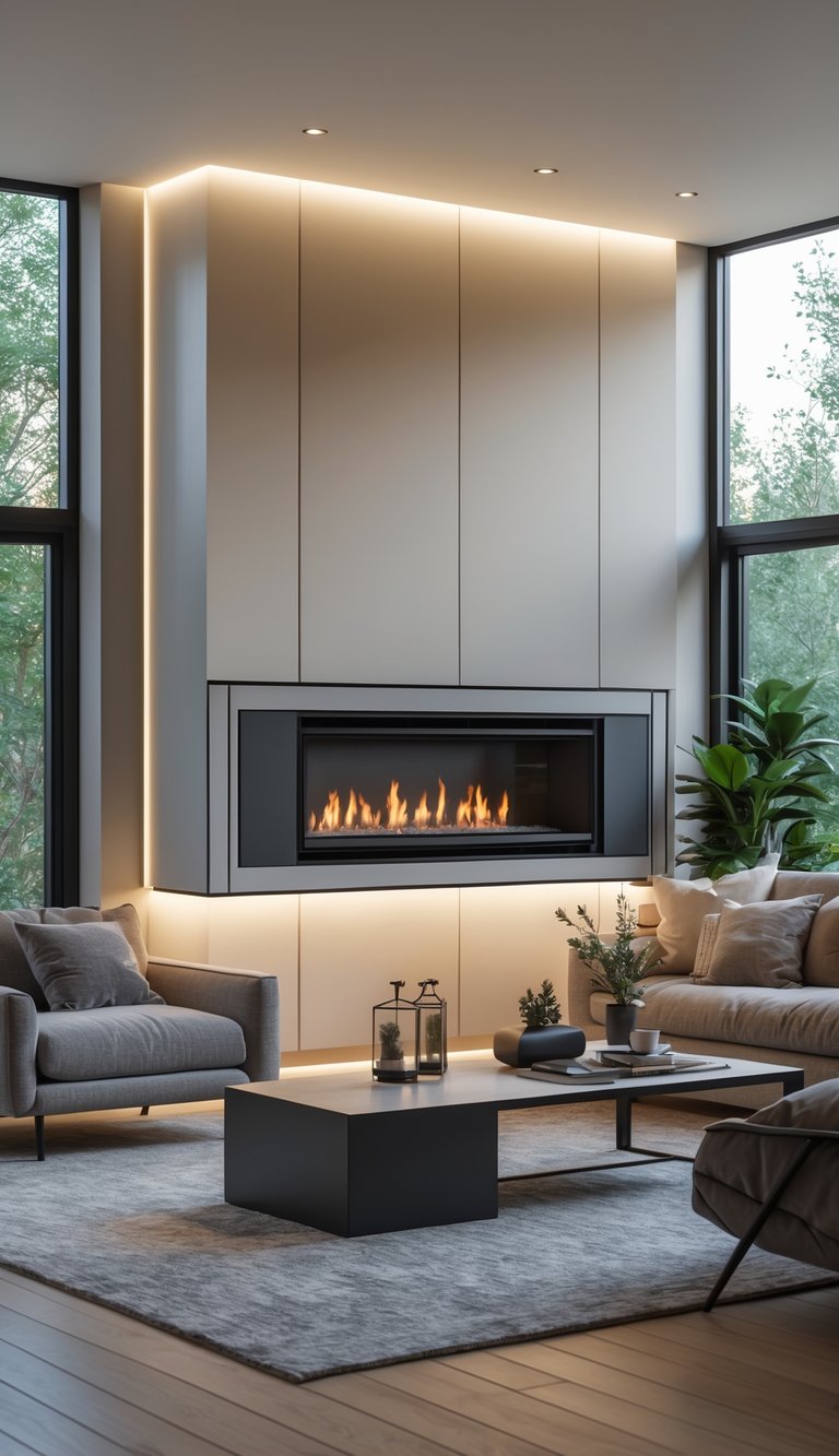 25 Stunning Living Room Ideas for Cozy Vibes 14 A modern living room with a sleek wall-mounted fireplace, a sofa, coffee table, and large windows letting in natural light.