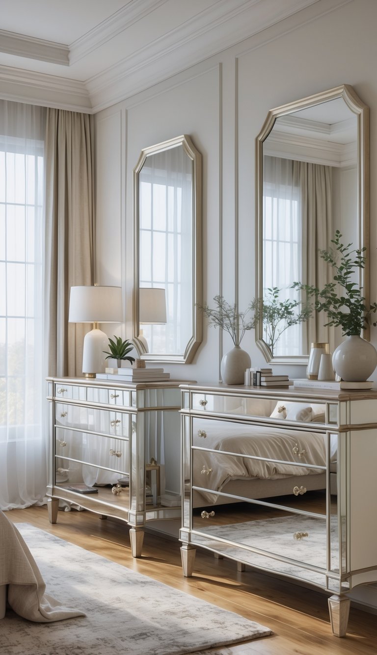 24 Beautiful Bedroom Ideas to Inspire Your Space 16 A bedroom with two mirrored dressers placed symmetrically on either side of a window, featuring a bed, area rug, and decorative items in a calm and inviting setting.