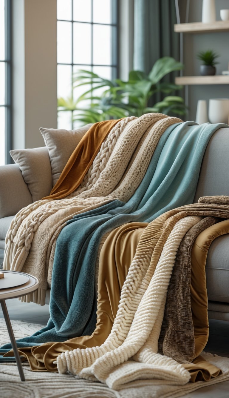25 Stunning Living Room Ideas for Cozy Vibes 15 A living room with a modern sofa and armchair layered with various textured blankets in warm and neutral colors, surrounded by a coffee table, plants, and soft natural light.