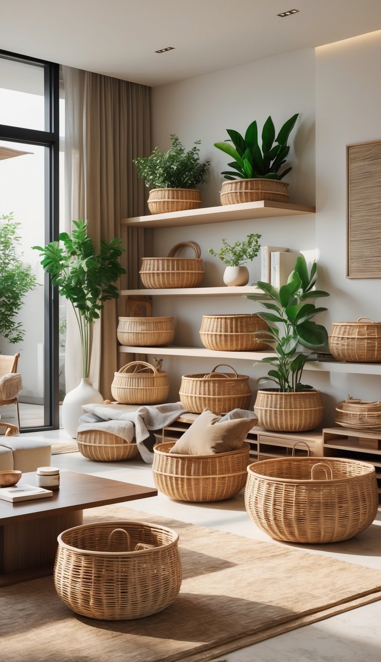 25 Stunning Living Room Ideas for Cozy Vibes 16 A spacious living room filled with various rattan and wicker baskets used for storage, decoration, and holding plants, arranged around a sofa, coffee table, and shelves.