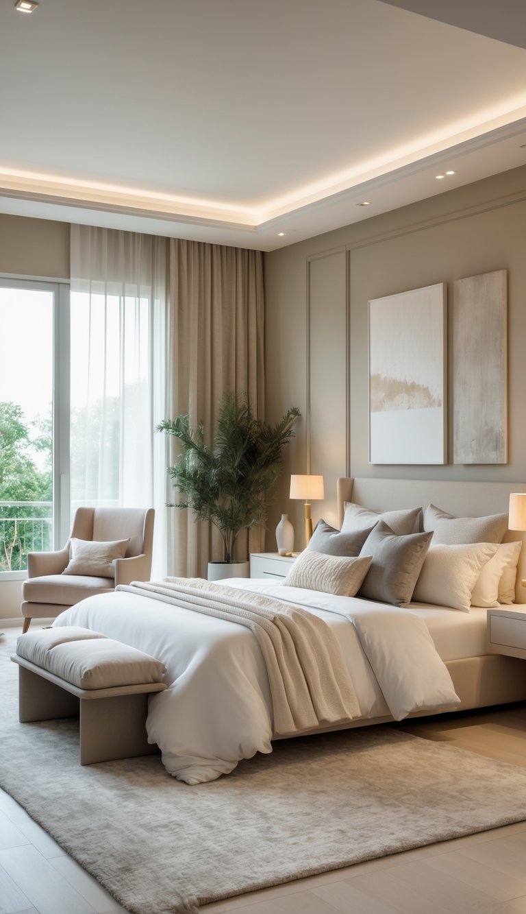 24 Beautiful Bedroom Ideas to Inspire Your Space 17 A spacious bedroom with a large bed, neutral-colored walls, wooden floor, nightstands with lamps, sheer curtains, and decorative plants.