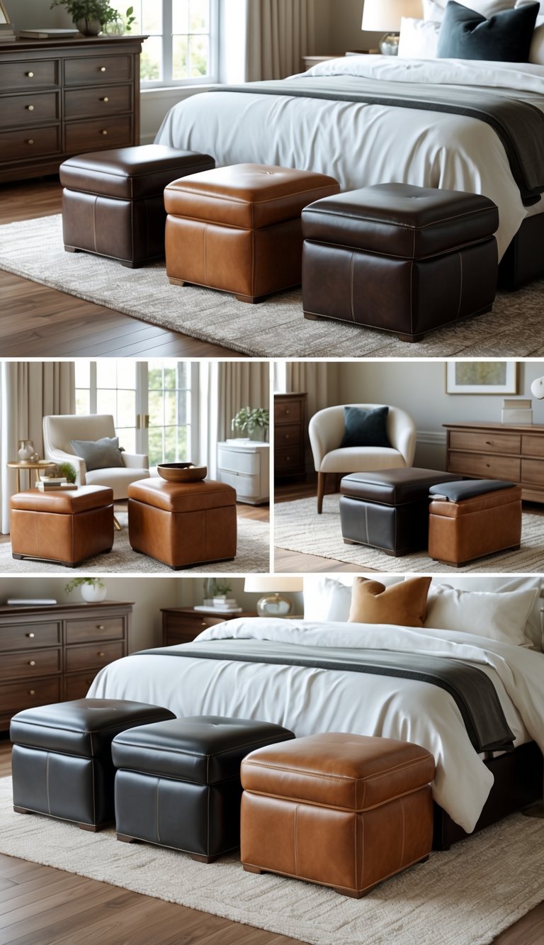 24 Beautiful Bedroom Ideas to Inspire Your Space 18 A bedroom with several leather storage ottomans placed near the bed and around the room, featuring a cozy and organized setup with natural light coming through large windows.