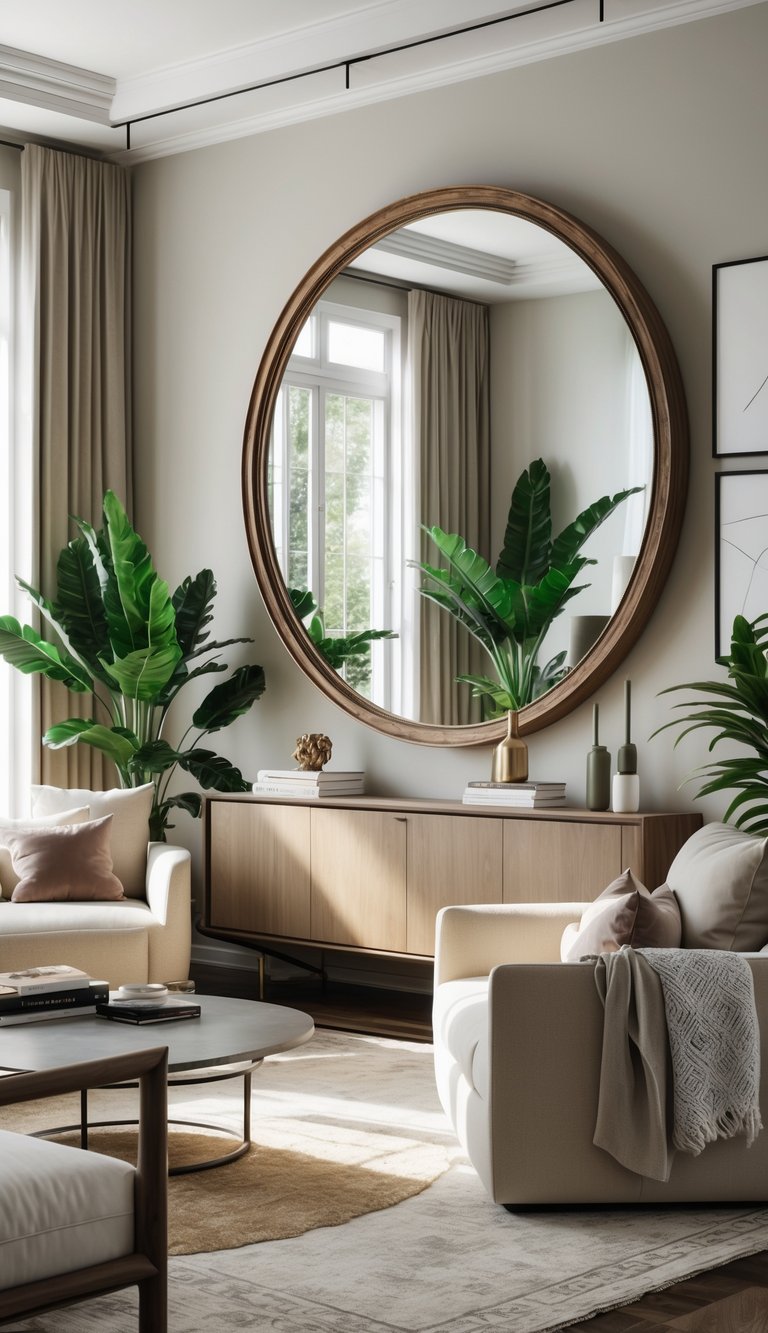 25 Stunning Living Room Ideas for Cozy Vibes 17 A modern living room with a large round mirror above a console table, surrounded by a sofa, chairs, plants, and decorative items.