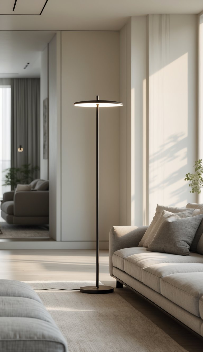 25 Stunning Living Room Ideas for Cozy Vibes 18 A living room with a minimalist floor lamp next to a sofa and large windows letting in natural light.