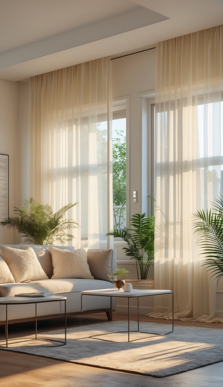 25 Stunning Living Room Ideas for Cozy Vibes 19 A bright living room with large windows covered by sheer curtains letting in soft natural light, a sofa, coffee table, indoor plants, and wooden flooring.