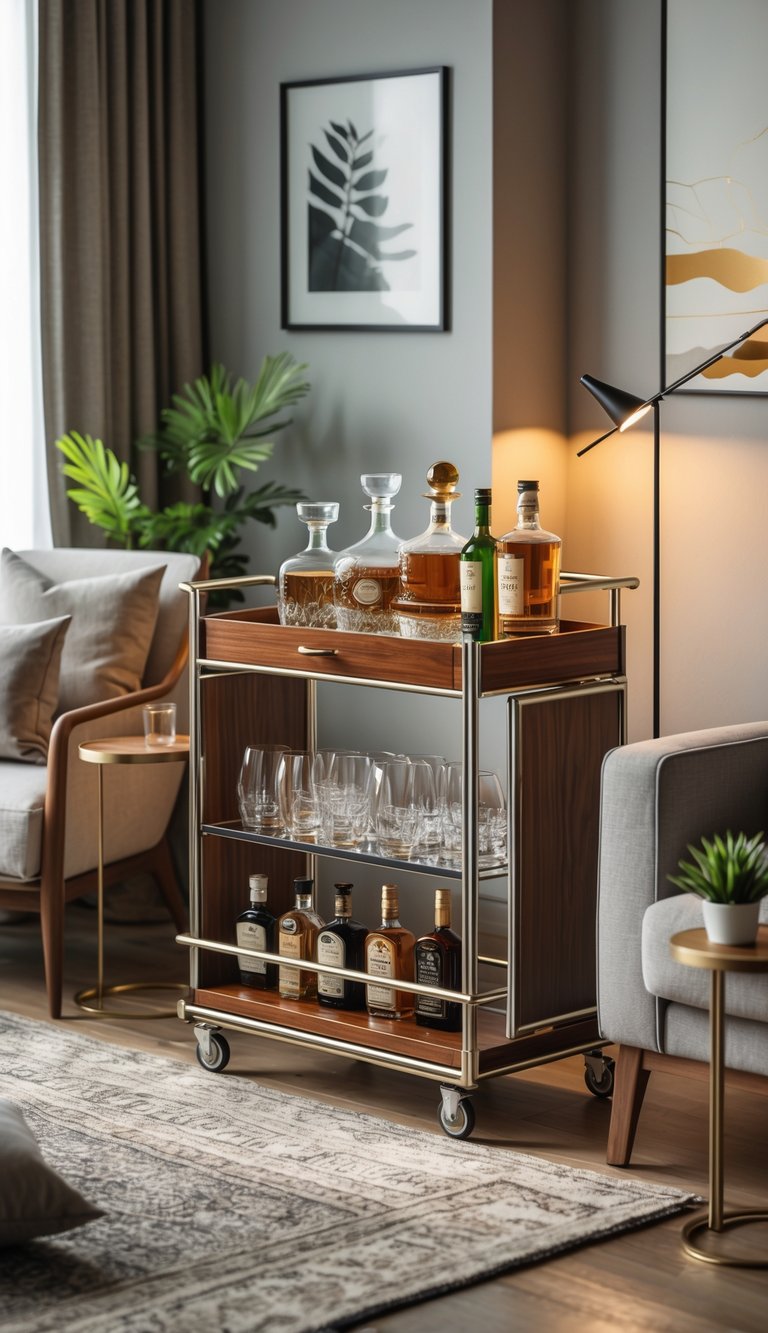 25 Stunning Living Room Ideas for Cozy Vibes 20 A small bar cart corner in a living room with a wooden bar cart holding glassware and liquor bottles, next to a comfortable armchair and a floor lamp.