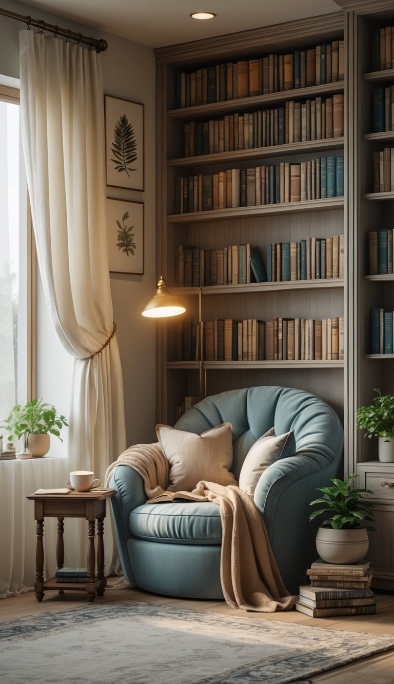24 Beautiful Bedroom Ideas to Inspire Your Space 21 A cozy bedroom reading nook with a plush armchair, bookshelves filled with books, a side table with a cup and lamp, natural light coming through a window, and plants adding greenery.