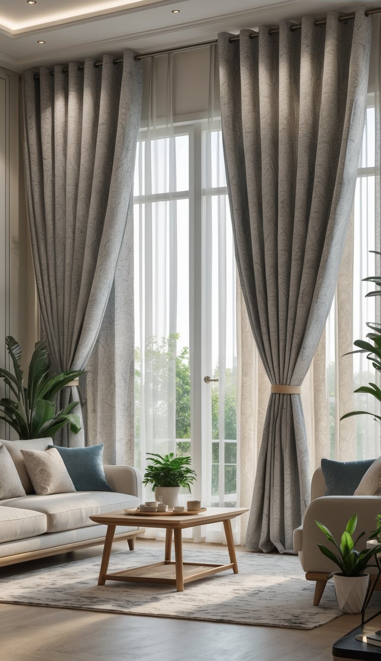 25 Stunning Living Room Ideas for Cozy Vibes 21 A modern living room with large windows dressed in a mix of patterned and solid curtains, featuring a sofa, coffee table, and indoor plants.