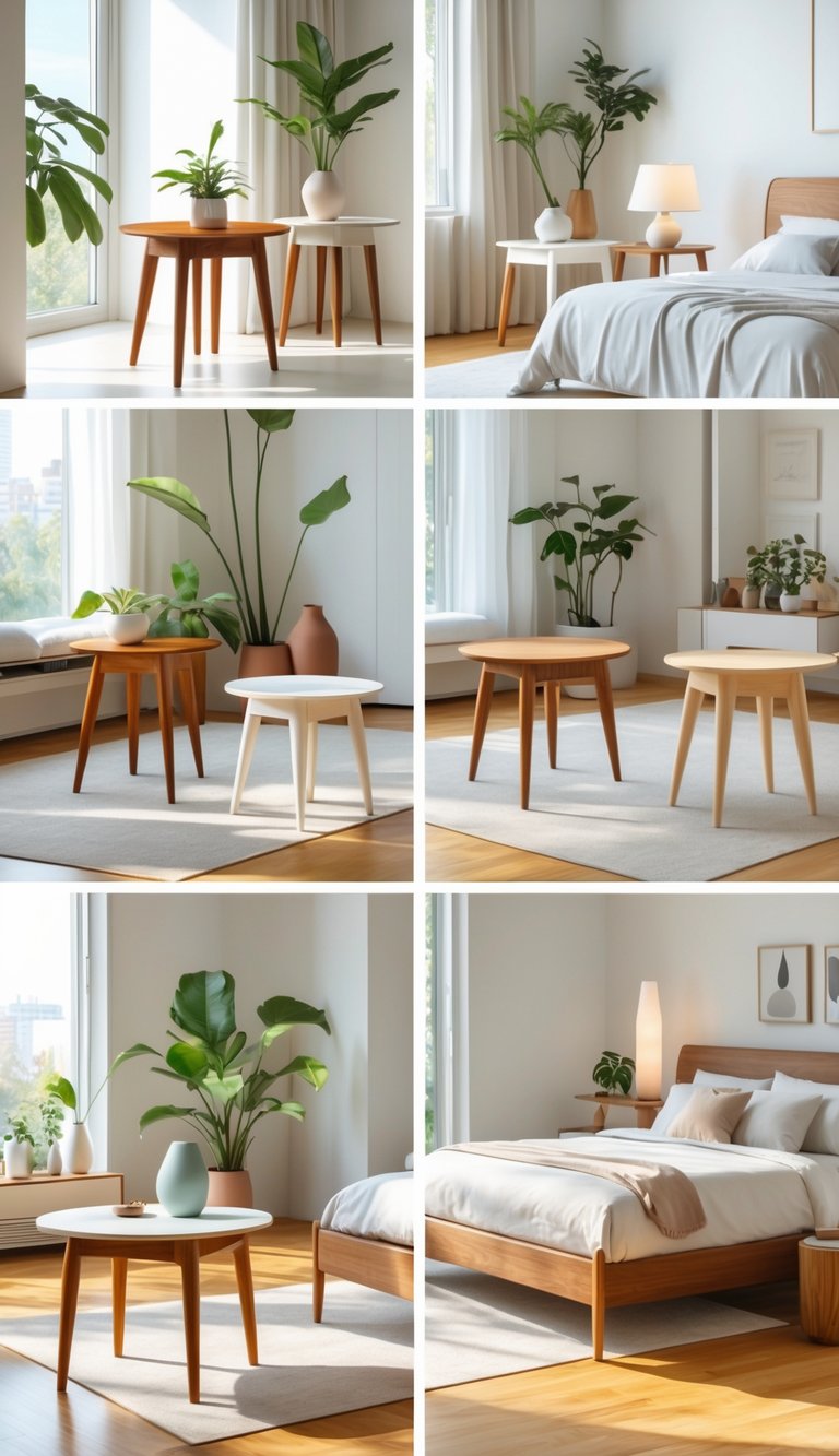 24 Beautiful Bedroom Ideas to Inspire Your Space 22 A bright bedroom featuring multiple wooden side tables arranged near a bed with neutral bedding, decorated with plants and lamps.