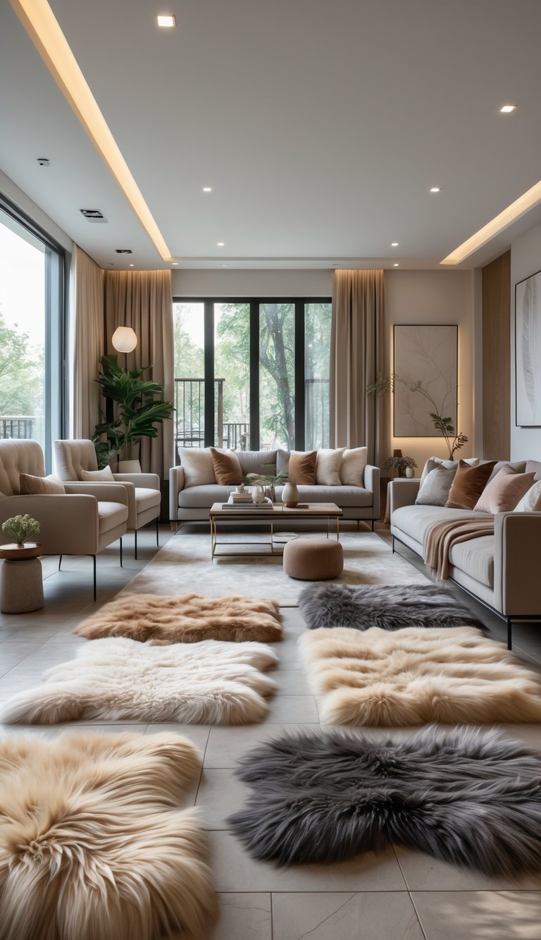 25 Stunning Living Room Ideas for Cozy Vibes 22 A spacious living room with sofas and armchairs arranged around coffee tables, featuring multiple faux fur rugs on the floor and large windows letting in natural light.