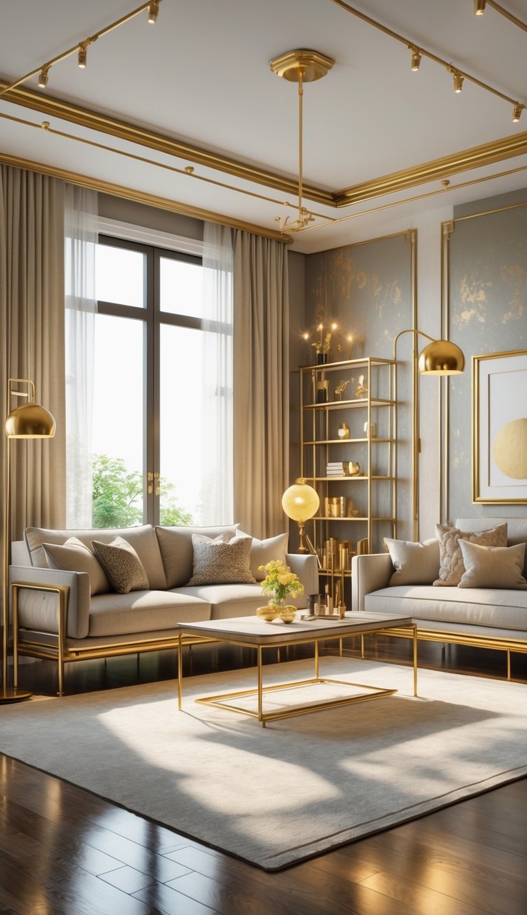 25 Stunning Living Room Ideas for Cozy Vibes 23 A modern living room with a sofa, coffee table, bookshelf, and large windows, featuring brass and gold decorative accents throughout.