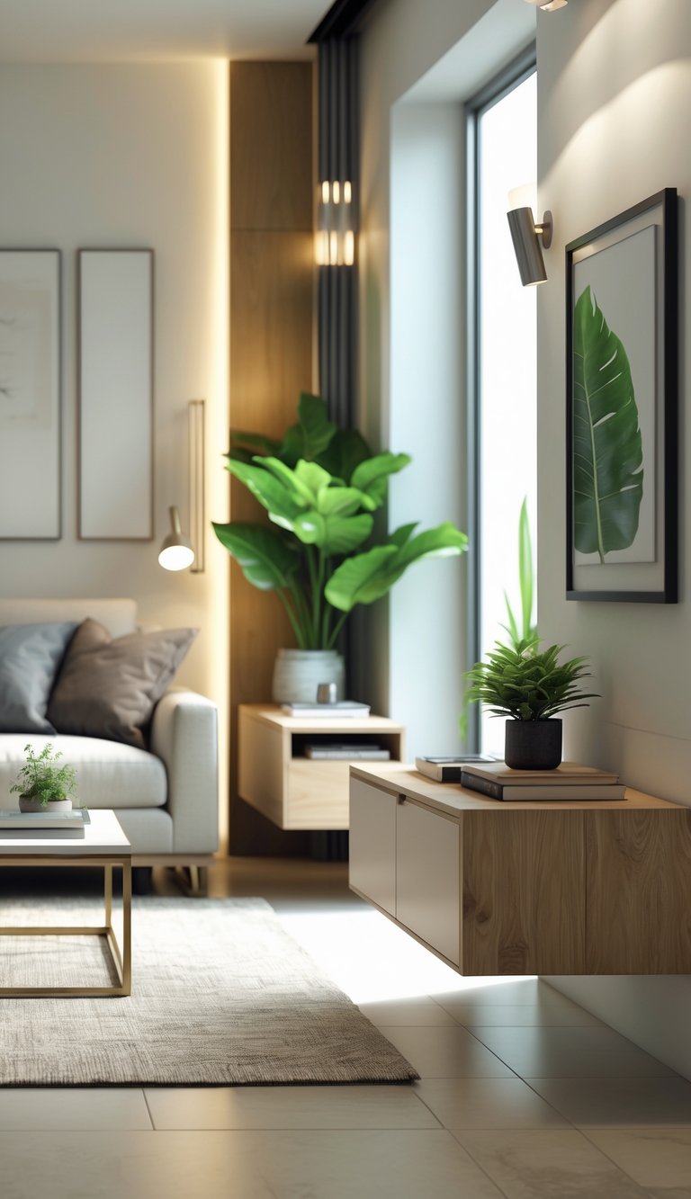25 Stunning Living Room Ideas for Cozy Vibes 24 A modern living room with floating nightstands mounted on the walls next to a sofa, decorated with plants and lamps, featuring large windows and tasteful furniture.