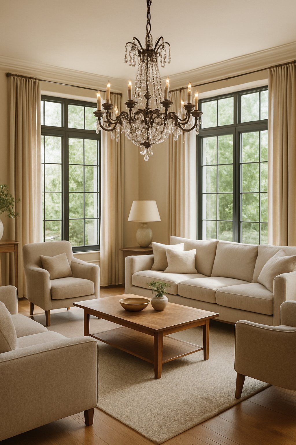 25 Stunning Living Room Ideas for Cozy Vibes 25 A spacious living room with a large, decorative chandelier hanging from the ceiling, comfortable seating, and natural light coming through large windows.
