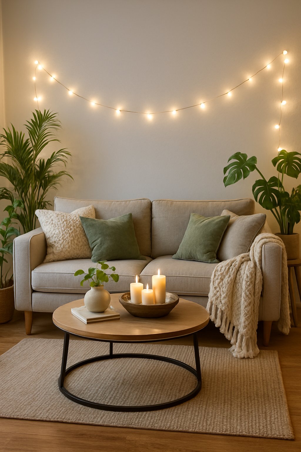 25 Stunning Living Room Ideas for Cozy Vibes 7 A cozy living room with a sofa, coffee table, plants, and warm fairy lights softly illuminating the space.