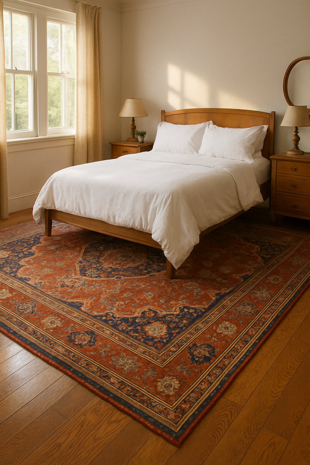 24 Beautiful Bedroom Ideas to Inspire Your Space 12 A bedroom with a large vintage Persian rug under the bed, wooden furniture, white bedding, and natural light coming through the windows.