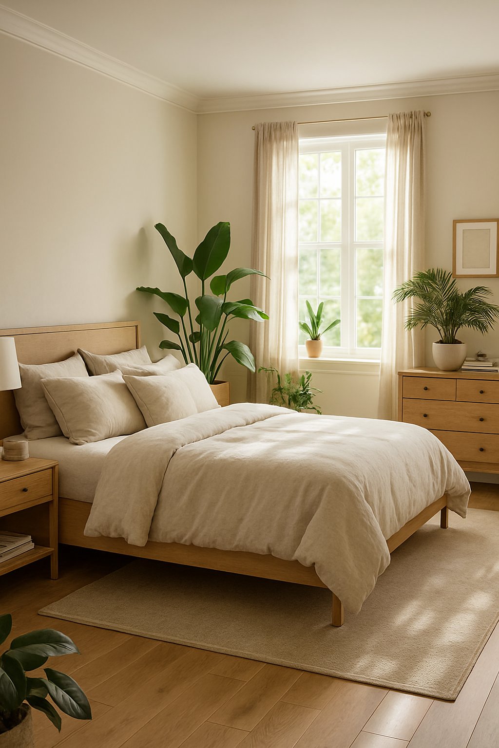 24 Beautiful Bedroom Ideas to Inspire Your Space 14 A spacious bedroom with a bed made of neutral-toned linen bedding, wooden furniture, plants, and soft natural light coming through large windows.